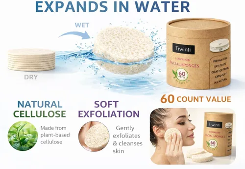 Miniatura 3 de Esponjas faciales comprimidas, paquete de 60 – Esponja facial de celulosa natural para limpieza, eliminación de maquillaje, exfoliación, lavado