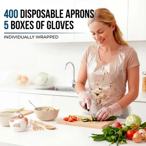 Miniatura 3 de Mifoci Juego de 400 delantales desechables y 1000 pares de guantes de preparación de alimentos, delantales de plástico impermeables envueltos