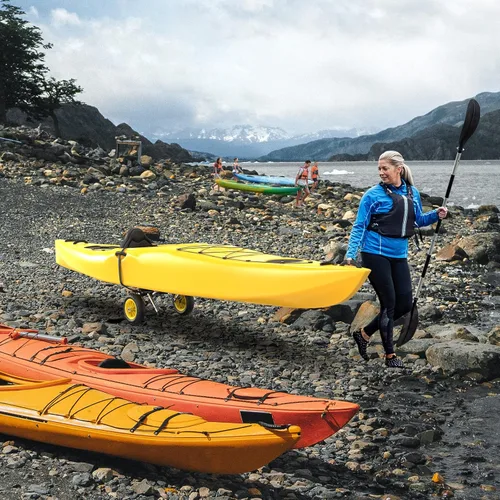 Miniatura 8 de Bonnlo Kayak - Remolque plegable de aluminio para kayak con neumáticos sólidos de 10 pulgadas, carrito de ruedas universales para kayaks, carrito