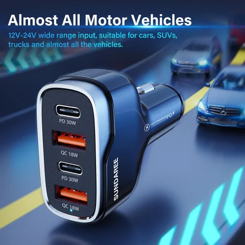 Miniatura 6 de Cargador de teléfono para automóvil, 60 W, 4 puertos, USB C, cargador de coche de carga rápida, adaptador de encendedor de cigarrillos, doble QC 3.0