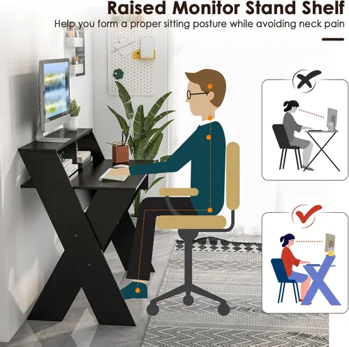Miniatura 7 de Tangkula Escritorio para computadora de 2 niveles con cajón de almacenamiento, escritorio pequeño con soporte para monitor, reposapiés cuidadoso