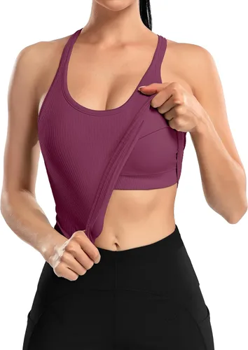 Miniatura 109 de ATTRACO Camiseta corta acanalada de entrenamiento para mujer con brasier integrado para yoga, espalda cruzada, ajuste ajustado
