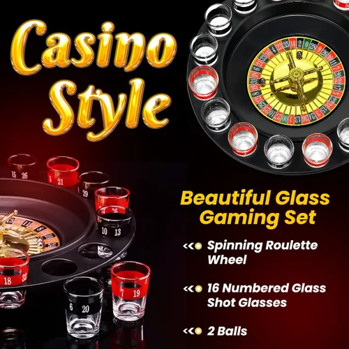 Miniatura 3 de Juego de Beber de Ruleta de Vidrio - Estilo Casino Con 2 Bolas y 16 Vasos