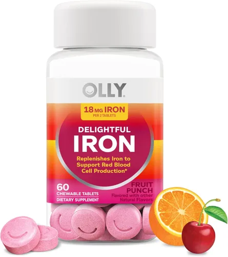 OLLY Deliciosa tableta masticable de hierro, suplemento de hierro de AB Fortis, sabor a ponche de frutas, suministro para 30 o 20 días, 60 unidades