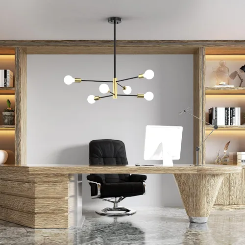 Miniatura 8 de Candelabros Sputnik Modernos para Comedor, Altura Ajustable Semi Empotrado Negro y Dorado Candelabro Lámpara de Techo Montaje 6 Luces Mediados