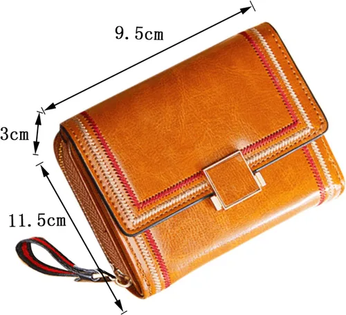 Miniatura 4 de PofeeXIO Cartera de cuero RFID para mujer con tarjetero triple plegable para mujer con correa de muñeca corta para mujer, cartera con múltiples
