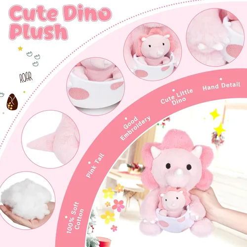 Miniatura 3 de Peluche de dinosaurio rosa, huevo de Pascua de 11.8 pulgadas, peluche de dinosaurio rosa con dinosaurio bebé para niños, peluche Kawaii Triceratops