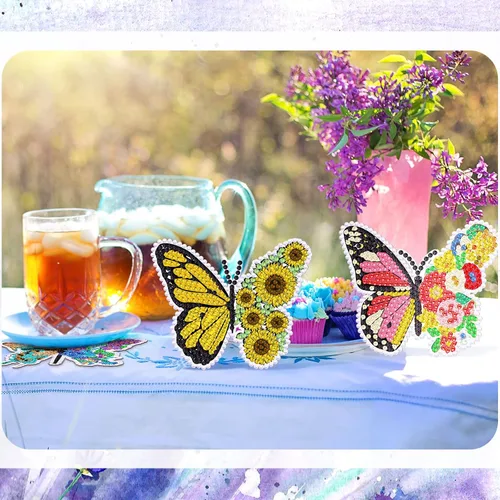 Miniatura 5 de Shellwei 8 posavasos de pintura de diamante de mariposa con soporte, kit de pintura de diamante de mariposa de primavera, posavasos coloridos