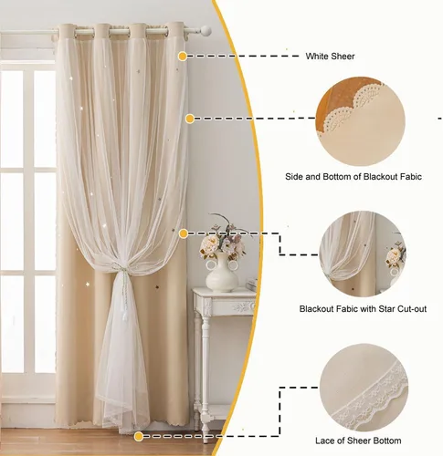 Miniatura 4 de Cortinas opacas con recortes de estrellas para dormitorio de niñas y niños, cortina de doble capa con aislamiento térmico y superposición