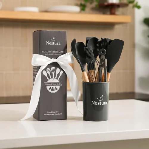 Miniatura 3 de Juego de utensilios de cocina de silicona compactos, 12 piezas con soporte, herramientas resistentes al calor sin BPA con asas de madera de haya