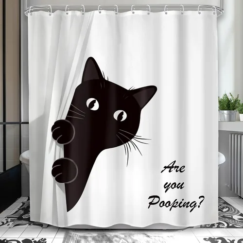 Divertida cortina de ducha de gato negro de 60 pulgadas de ancho x 72 pulgadas de alto para niños, diseño de gatito blanco y negro, lindo animal are