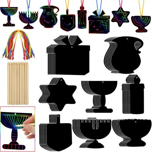 Qilery Juego de 64 tarjetas rascadoras de Janucá para manualidades, suministros de fiesta de Hanukkah, color arcoíris con lápices de madera, kit de