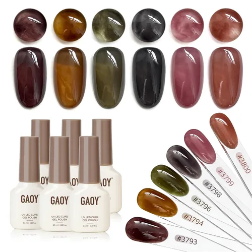 Miniatura 8 de GAOY Esmalte de uñas en gel oscuro de 6 colores gelatina lechosa marrón verde negro, kit de esmalte en gel para manicura de salón y nail art
