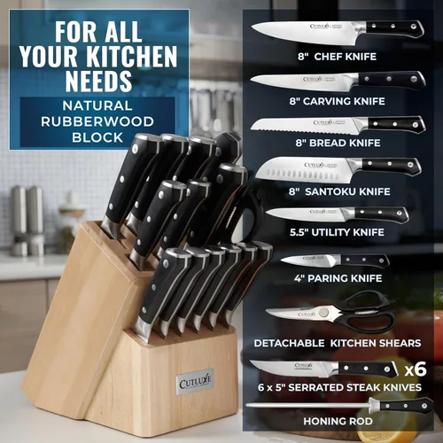 Miniatura 2 de Cutluxe - Juego de 15 cuchillos – Bloque de madera de goma de caucho premium – Juego de cuchillos para cocina, acero inoxidable alemán de alto