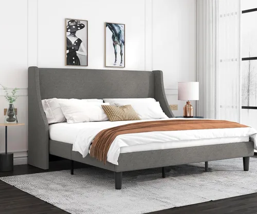Miniatura 3 de Allewie Marco de Cama de Plataforma Tamaño King con Cabecera Tapizada, Respaldo Wingback Moderno de Lujo, Soporte de Listones de Madera, Base