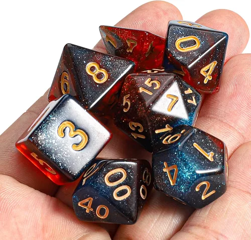 Miniatura 7 de CiaraQ DND - Juego de dados poliédricos con una bolsa de dados negra para juegos de mesa de rol D&D RPG MTG Rojo mezclado azul+purpurina