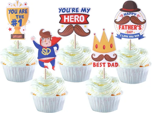 Miniatura 21 de Paquete de 24 adornos para cupcakes con purpurina para el Día del Padre, para el mejor papá, sombrero de bigote, decoraciones para tartas