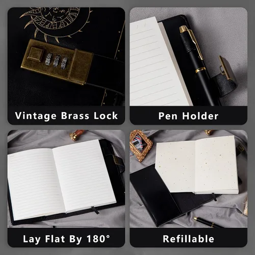 Miniatura 3 de TIEFOSSI Diario de cuero de constelación con cerradura, diario de luna y sol del zodiaco para escribir, cuaderno B6 con papel rayado para mujeres