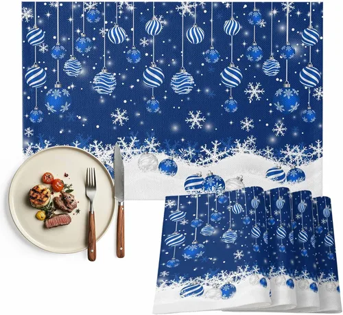 Juego de 6 manteles individuales de mesa de Navidad, manteles individuales de algodón y lino antideslizantes lavables, bolas de Navidad, copos de