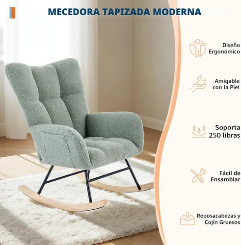 Miniatura 6 de Mecedora deslizadora tapizada con patas de madera para sala de estar, dormitorio, cuarto de bebé, incluye bolsillos laterales