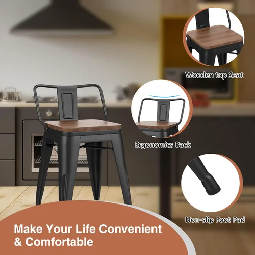 Miniatura 4 de Changjie Furniture - Juego de 4 sillas altas de metal con diseño industrial para barra de cocina o bar con respaldo bajo, Metal, Negro, 18 pulgadas