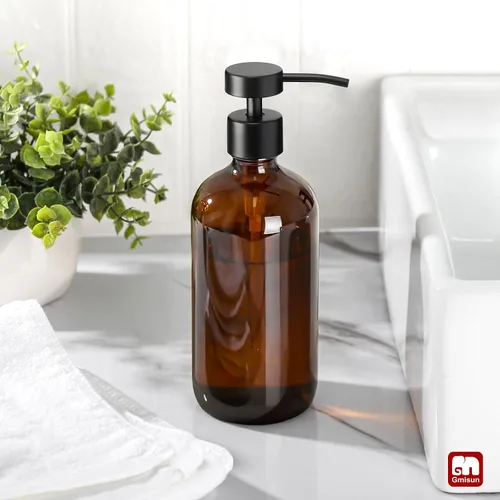 Miniatura 4 de Dispensador de jabón de vidrio ámbar GMISUN, 1 paquete de dispensadores de jabón para platos para cocina con bomba de acero inoxidable a prueba