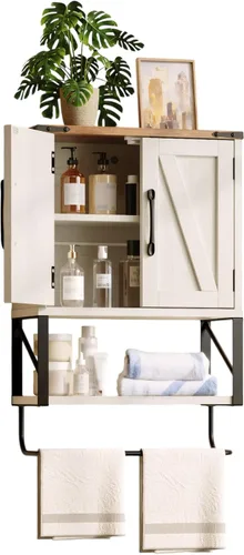 Miniatura 12 de VINGLI Armario de pared de baño, botiquín negro con estante abierto y 2 puertas, organizador de almacenamiento ajustable para colgar sobre