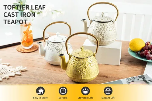 Miniatura 2 de Tetera, tetera japonesa de hierro fundido TOPTIER con infusor para hojas sueltas y bolsitas de té, tetera de hierro fundido segura para estufa Blanco