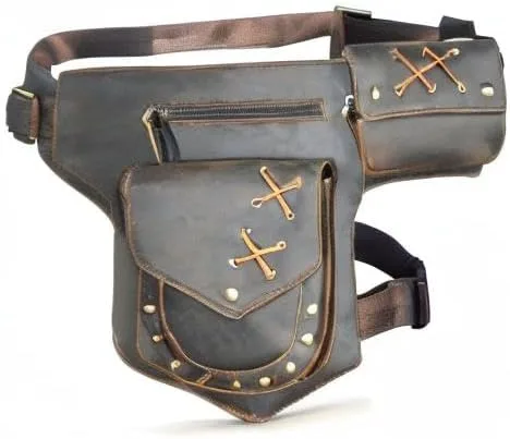Miniatura 8 de Lona resistente al agua más cuero motocicleta riñonera un hombro gota pierna muslo bolsa para hombres mujeres N211-8, Marrón, Estilo vintage retro