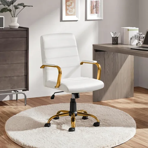 Miniatura 2 de Yaheetech Silla de Oficina de Respaldo Medio de Cuero PU Silla de Escritorio Ejecutiva Ajustable con Soporte Lumbar Pata Dorada Asiento Blanco