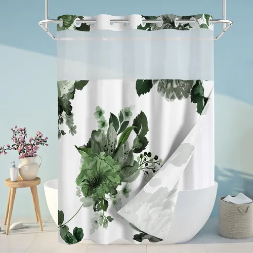 Miniatura 9 de Juego de cortina de ducha y forro sin gancho, cortinas de ducha florales negras para baño, juegos de cortinas de baño de hotel moderno con forro a