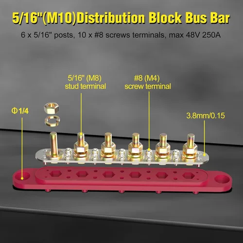 Miniatura 4 de MOFEEZ Barra de bus de bloque de distribución de energía, 4 postes de 5/16 pulgadas, 6 terminales de tornillos #8, máximo 48 V 250 A