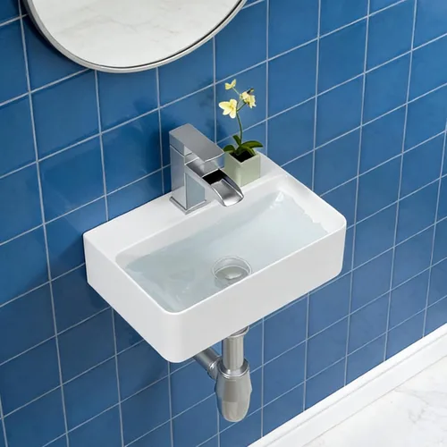 Lordear Fregadero pequeño montado en la pared, fregadero de baño de esquina flotante para colgar en la pared, lavabo de cerámica blanca brillante
