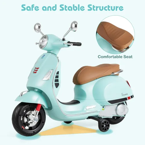 Miniatura 6 de OLAKIDS - Scooter Vespa con licencia para niños, motocicleta eléctrica de 12 V con ruedas de entrenamiento, luces LED, cuerno de modo historia Verde