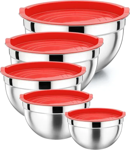 Miniatura 13 de P&P CHEF Juego de 5 cuencos para mezclar con tapas herméticas, 10 piezas de acero inoxidable, cuenco de metal con tapa para preparación y Varios
