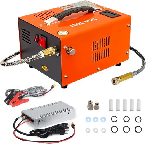 Compresor de aire PCP 4500PSI Compresor PCP portátil, 12V DC/110V AC Compresor PCP para pistolas de aire con parada manual, con adaptador de Naranja