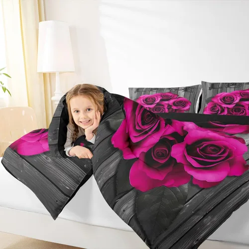 Miniatura 5 de Juego de edredón de flores de rosas rosa intenso, juego de ropa de cama retro rústico floral con rosas para el día de San Valentín, boda, pareja