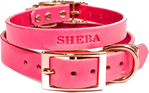 Miniatura 12 de Collar de cuero personalizado hecho a mano para perro con bridón grabado con el nombre de la mascota, herrajes en tono cobre/oro rosa (negro)