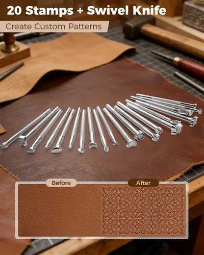 Miniatura 4 de SakerNeo Herramientas de trabajo de cuero, 101 piezas de acero inoxidable y mango de madera, kit de costura con cinceles de costura de 0.157 in
