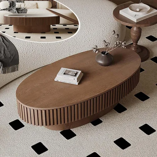 Miniatura 11 de Mesa de café cuadrada pequeña con almacenamiento, mesa de café moderna de madera con chapa de madera maciza, mesa central estriada