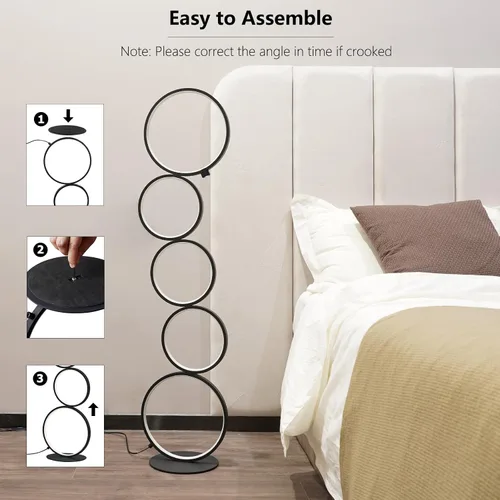 Miniatura 7 de NUÜR Moderna lámpara de pie LED de 5 anillos, lámpara de pie circular artística de 43.3 pulgadas, luz de acento escultural regulable sin escalones