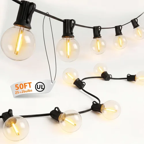 Cadena de luces para exteriores de 50 pies con bombillas G40, luces impermeables para patio con 27 bombillas LED inastillables (2 repuestos),