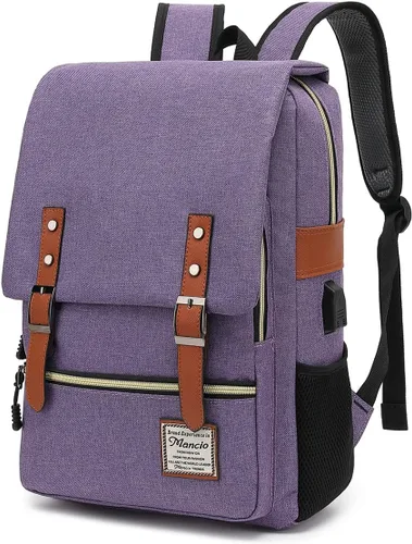 Miniatura 8 de Mancio Mochila vintage delgada para laptop para mujeres y hombres, bolsa universitaria de negocios resistente a desgarros con puerto de carga USB