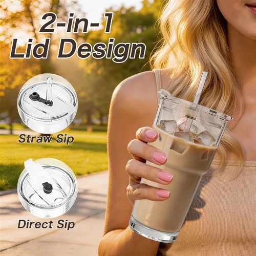 Miniatura 6 de 20oz Clear Glass Cups with Lids and Straws, Reusable Iced Coffee Cups, Drinking Tumblers for Cocktail Beer, Juice, Smoothie, Water, Party Gifts
