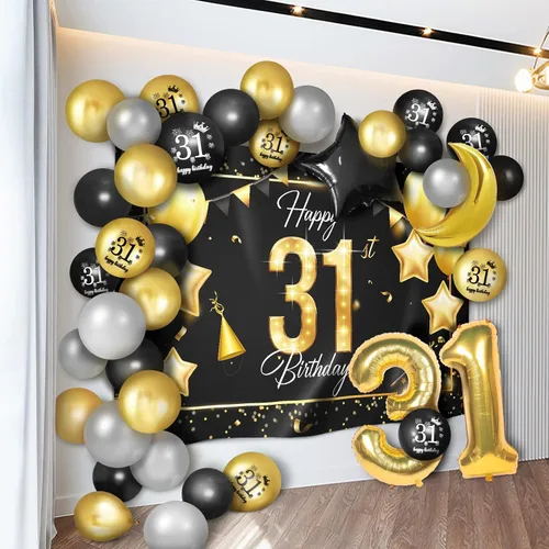 Miniatura 16 de Juego de globos dorados de feliz cumpleaños número 10 – Saludos a los 10 años de edad, guirnalda temática de fiesta con estrellas y luna, decoración