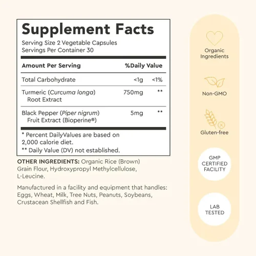 Miniatura 6 de Alaya Naturals Suplemento de curcumina de cúrcuma con BioPerine – 750 mg por porción, 95% extracto de curcumina cápsulas de cúrcuma para comodidad