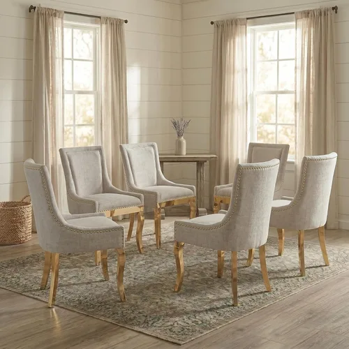 Miniatura 40 de Juego de 2 sillas de comedor tapizadas, sillas de cocina de tela con ribete de cabeza de clavo, sillas de cocina y comedor con respaldo alto, patas