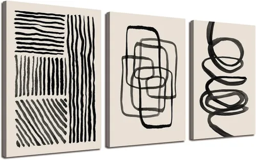 Arte de pared abstracto minimalista creativo de línea gris y negra, 3 piezas estiradas y enmarcadas, arte de pared HD para dormitorio, baño, hogar,