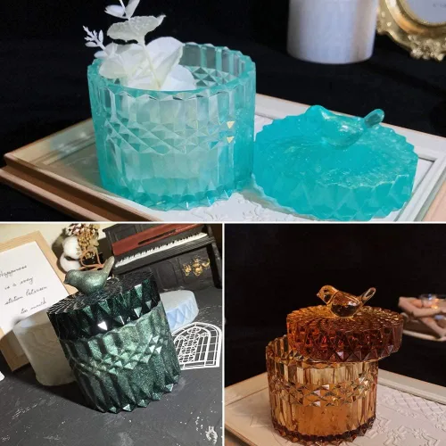 Miniatura 6 de Caja de cristal de silicona molde de resina con tapa y mango de pájaro en forma de molde para resina epoxi, almacenamiento de joyas, frasco