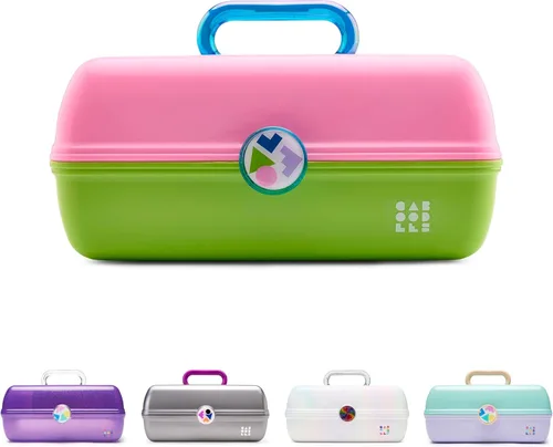 Caboodles On-The-Go Girl - Caja de maquillaje para niña, dos tonos rosa sobre verde neón, caja organizadora de maquillaje de plástico duro, espejo